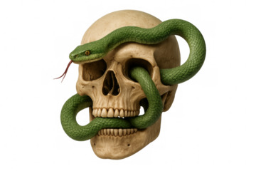 Green snake slithering around human skull on transparent background