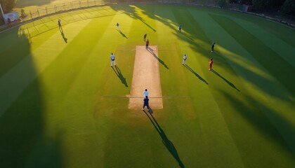 Players compete in exciting cricket match on rich green field. Afternoon sun casts long shadows over pitch, surroundings. High-angle view shows sunlight, strategy, teamwork, recreation, athletic