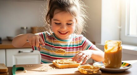 Happy girl making peanut butter toast.