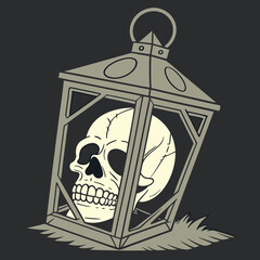 Vector art of skull in a lantern with a handle and grass on dark gray background