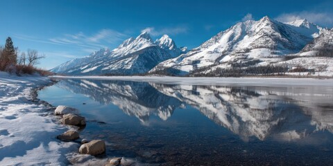 Obraz premium A serene winter landscape with a frozen lake, snow-covered mountains, and a clear blue sky.