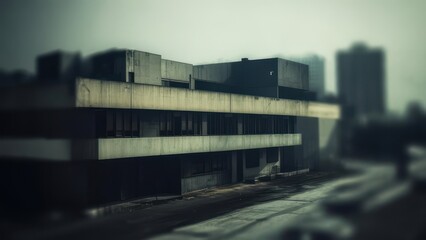 A hazy, desaturated image of a neglected, multi-story concrete building