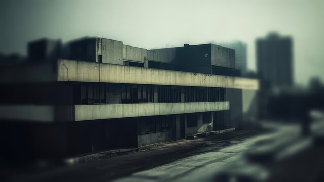 A hazy, desaturated image of a neglected, multi-story concrete building