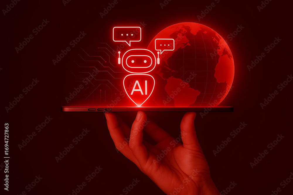Poster hand holding tablet with ai chatbot hologram and virtual assistant technology.
