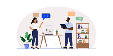 Diverse colleagues collaborating and communicating in a modern office setting with speech bubbles
