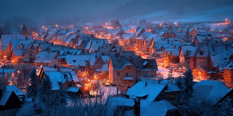 A snowy village at night, with illuminated houses and trees, and a blue sky with stars.