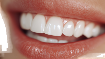 Close-up of white teeth and glossy lips on transparent background