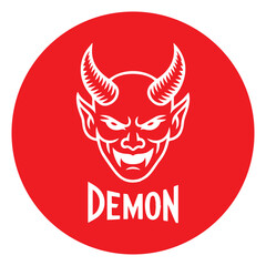 Fierce red demon face with spiky horns and 'demon' text emblem for graphic design vector