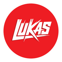 Lukas logo design bold white text inside a vibrant red circle graphic vector