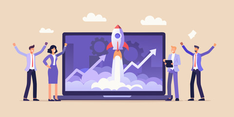 Business team celebrates successful rocket launch and growth on laptop screen
