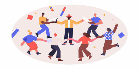 Diverse group of people holding books and dancing in a circle with confetti falling