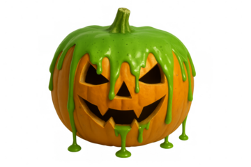 Slimy halloween pumpkin dripping with green goo on transparent background