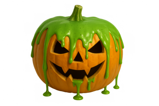 Slimy halloween pumpkin dripping with green goo on transparent background - Powered by Adobe