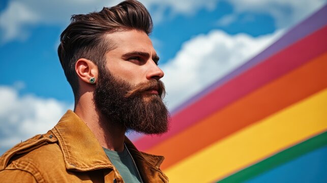 Man with beard outdoors colorful background