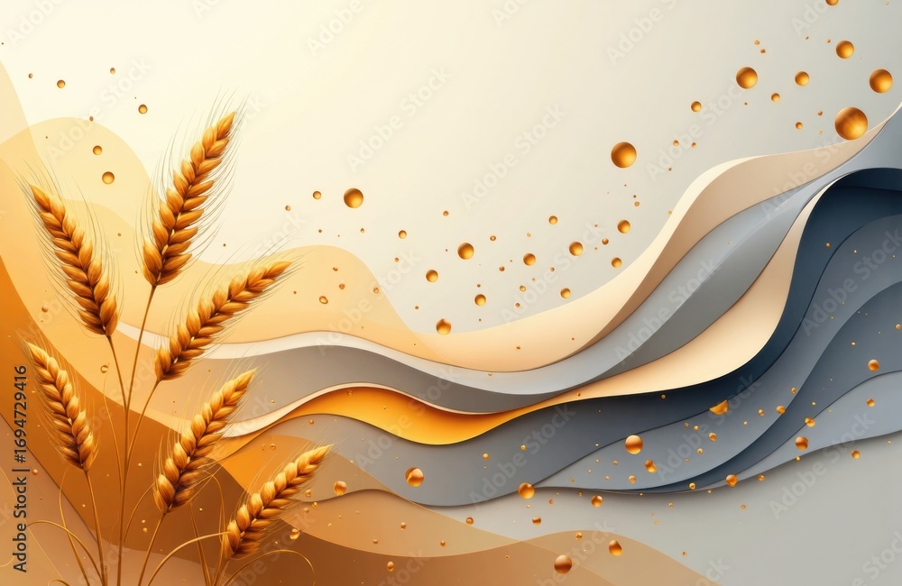 Poster golden wheat stalks sway in front of abstract flowing layers with warm tones and scattered dots crea