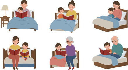 Family reading bedtime stories, parents and grandparents with children, cozy night routine, storytelling, love, bonding, happiness illustration