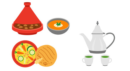Moroccan Cuisine Illustration Featuring Tagine, Soup, Flatbread, and Mint Tea. Ideal for culinary blogs, travel guides, and ethnic food promotions.
