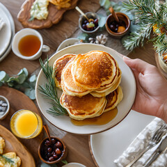 A hand holding a plate with pancakes and syrup, brunch table setting.
