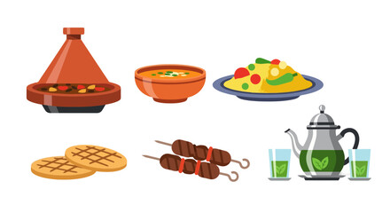 Vibrant Moroccan cuisine illustration featuring tagine, couscous, harira, kebabs, cookies, and mint tea, ideal for culinary publications and travel websites.