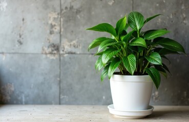 Obraz premium Green potted plant with large leaves placed on a light-colored surface against a textured concrete wall