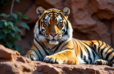 Fototapeta premium A majestic tiger resting on rocky terrain in a natural habitat