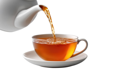 Aromatic Tea Pour: A serene shot of steaming tea pouring gracefully from a white teapot into a delicate teacup and saucer, a moment of pure refreshment.