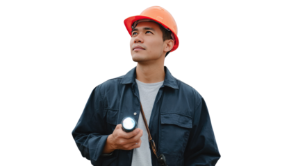 Focused Insight: A determined construction worker, clad in a safety helmet, holds a powerful flashlight, projecting an image of competence and focus while embodying hard work, safety, and ambition.