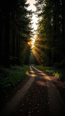 Obraz premium Enchanting Forest Road Bathed in Golden Sunlight Streaming Through Tall Trees
