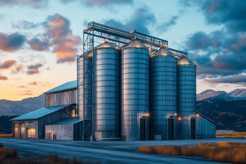 Obraz premium Industrial grain silos and large storage facility shining under a dramatic sunset sky. Rural mountain landscape with an open field at dusk.