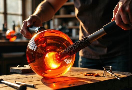 Glassblower shaping molten glass into a vessel in a workshop environment