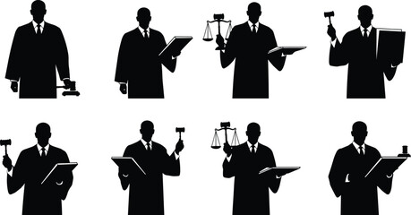 Judge Silhouettes Holding Gavels, Scales, and Legal Items in Eight Poses for Law, Justice, and Educational Design Content