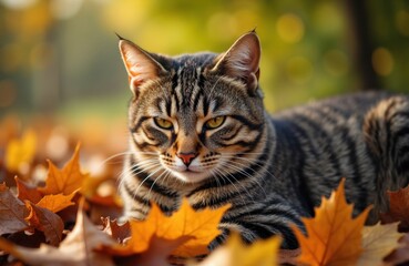 Fototapeta premium A tabby cat lying among colorful autumn leaves in a natural outdoor setting