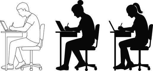Laptop User Silhouettes in Three Seated Poses with Office Chairs and Hair Variations for Tech, Study, and Design Content