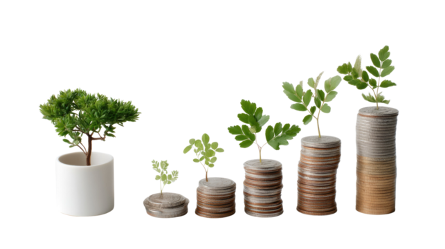 Growing Wealth Concept: Illustrative image depicts a visual representation of financial growth, with small plants sprouting from stacks of coins, a tangible metaphor for investment and prosperity.