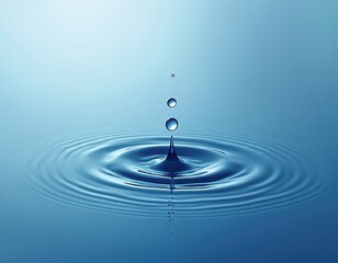 Single water drop falling into tranquil blue water, creating concentric ripples on surface. Illustration emphasizes purity, refreshment, vital of water. Clear, transparent liquid creates sense of