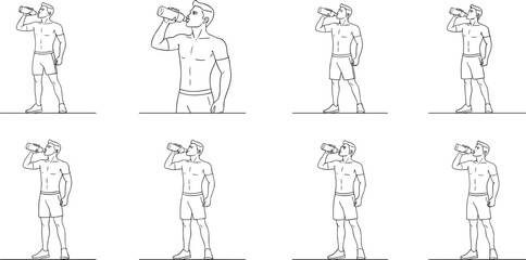 Man Drinking from Bottle in Varied Poses and Angles on White Background for Motion Study, Fitness, and Design Content