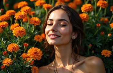 Naklejka premium Woman with closed eyes smiling among vibrant orange marigold flowers in sunlight