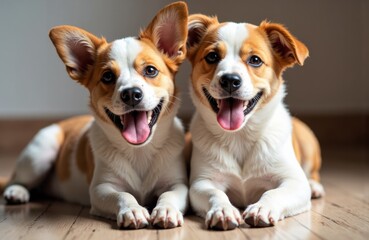 Two adorable mixed-breed puppies lying on a wooden floor with happy expressions and open mouths