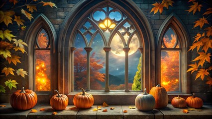 Obraz premium Autumn gothic window with pumpkins and moonlit sky.