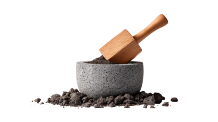Mortar and Pestle: This image captures a granite mortar and wooden pestle set with dark powder ingredient, a symbol of culinary exploration, and an earthy aesthetic that is both tactile and inviting.