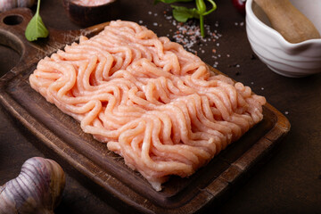 Raw chicken minced meat on cutting board and ingredients. Ground meat with ingredients for cooking on dark background close up. Top view