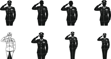 Military Salute Silhouettes and Line Art in Varied Uniform Styles on White Background for Civic, Patriotic, and Design Content