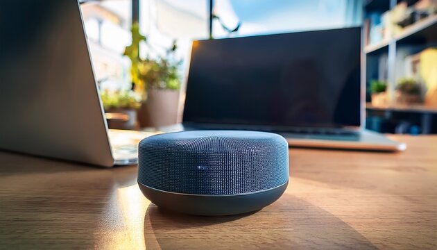 amazon alexa echo dot smart home speaker with voice assistant placed against a computer in the background