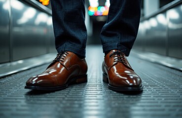 Close-up of a man's polished brown leather shoes and dark trousers standing on an airport moving walkway