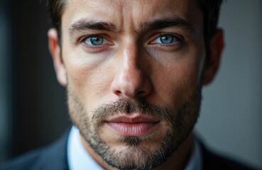 Obraz premium Close-up of a confident man with piercing blue eyes and well-groomed facial hair