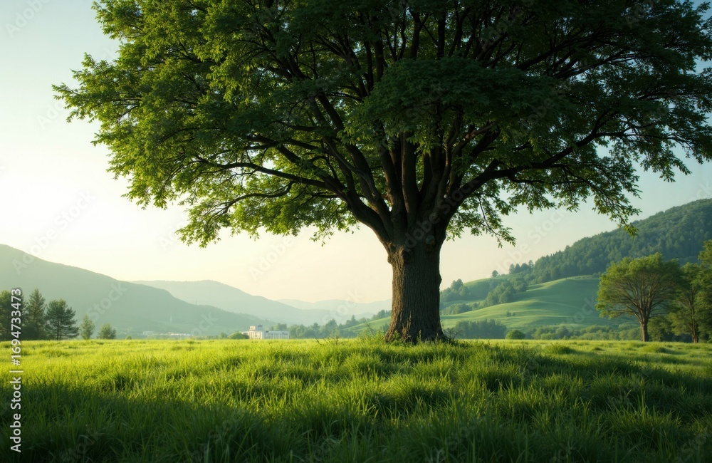 Poster a large tree stands prominently in a lush green field with rolling hills in the background