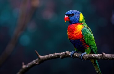 Fototapeta premium Colorful rainbow lorikeet perched on a branch in natural environment