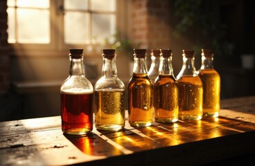 Colorful glass bottles filled with liquids arranged in a row on a wooden surface with warm sunlight streaming through a window