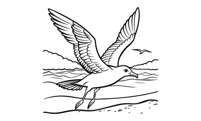 Fototapeta premium Seagull Kids t shirt design silhouette and vector line art, Detailed High-Quality Line Art, Suitable for Adult Coloring Books, Stress Relief, Relaxation, and Printable Art Therapy Projects.