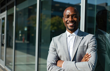 Fototapeta premium A confident businessman in a light gray suit stands outdoors with arms crossed and a bright smile